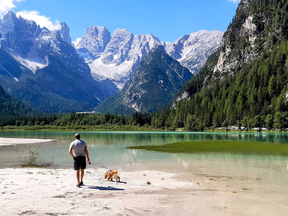 Dolomites Italy vanlife dog walk by lake. Perfection to be found all around us.