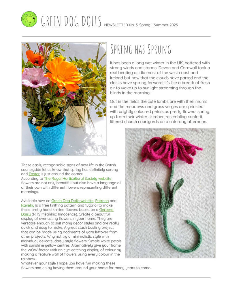 Green Dog Dolls free newsletter spring/summer 2025 page 1.