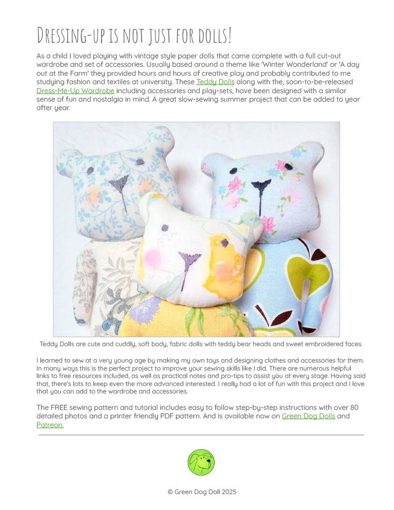 Green Dog Dolls free newsletter, spring/summer 2025 page 2.