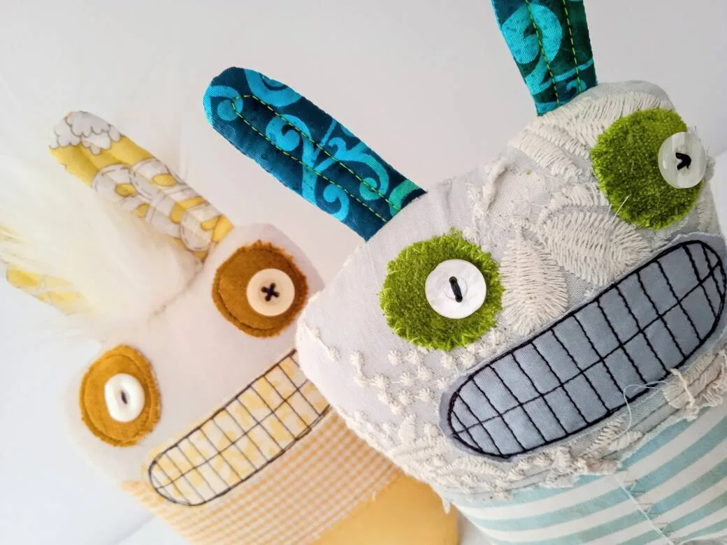 Recycled fabric Nigel Monster dolls free pattern and hand sewing tutorial.