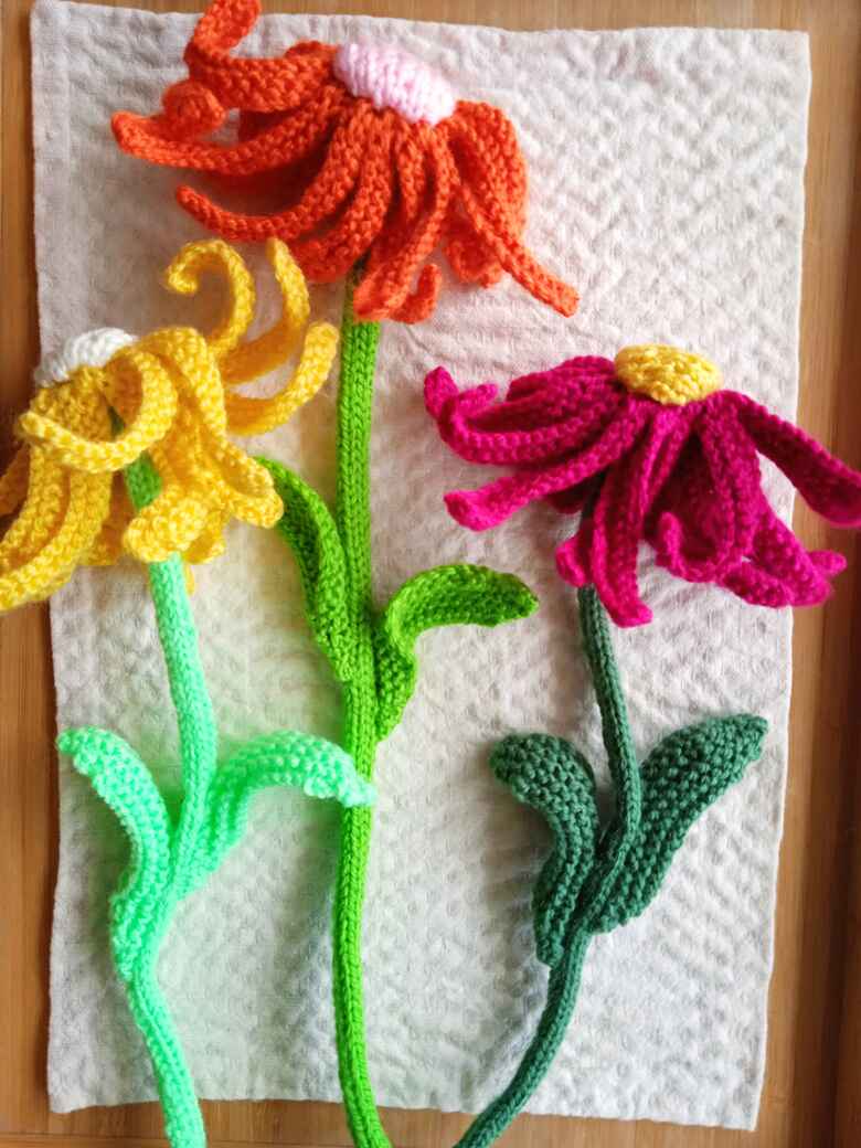 Wall Flowers, hand knitted flowers.