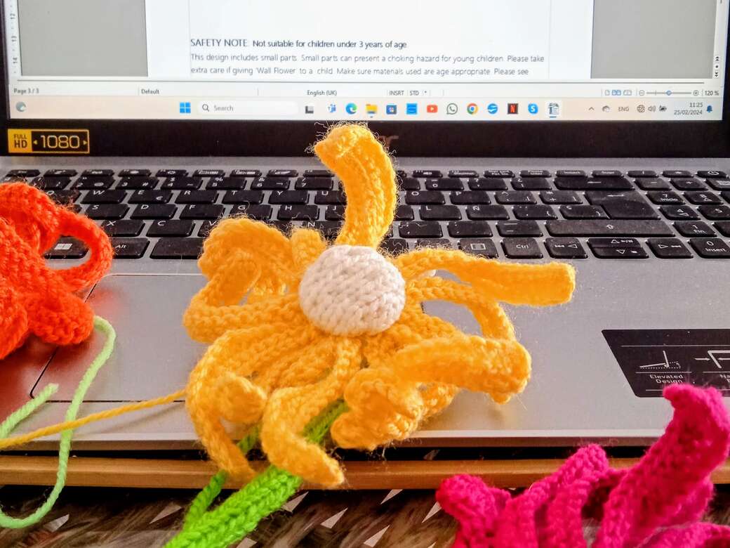 Writing knitting pattern on laptop.